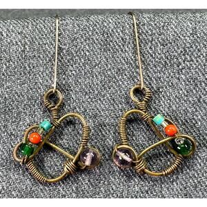 Vintage Abstract Brass Wrapped Glass Seed Bead Hook Dangle Earrings